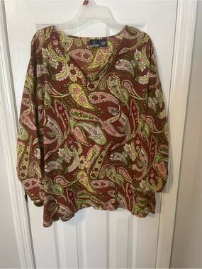 Vintage DCC Woman Paisley V-Neck Peasant Top Brown Pink Green 100% Cotton Sz 2X